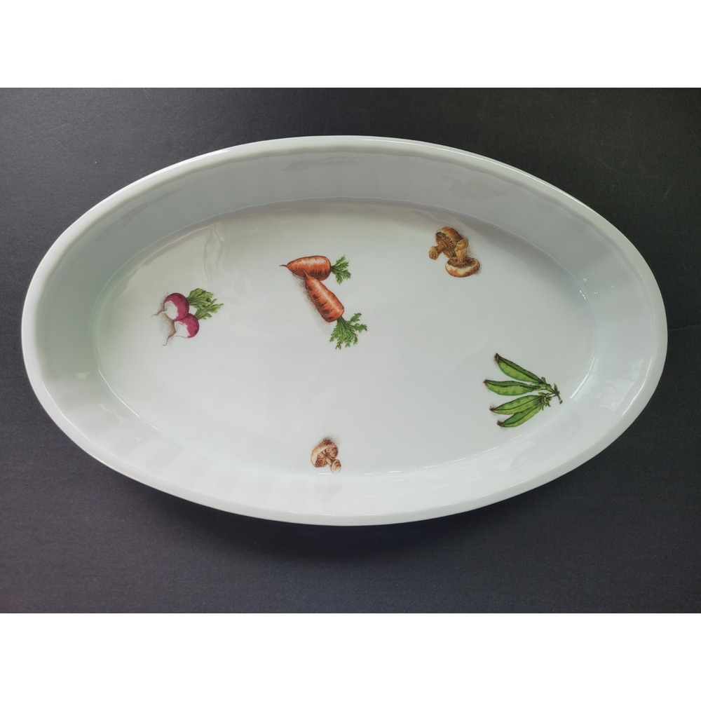 Oval Baking Dish French Porcelain 12" Vegetables Carrots Radish Mushrooms